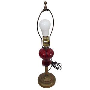 Vintage Brass Ruby Red Glass Electric Table Lamp Harp Pull Chain 20"